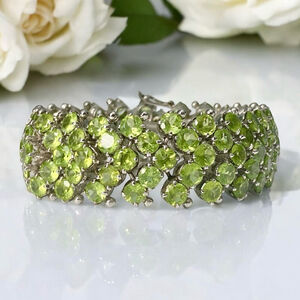 Encrusted Sterling & Natural Green Peridot Gemstone Bracelet, August Birthstone
